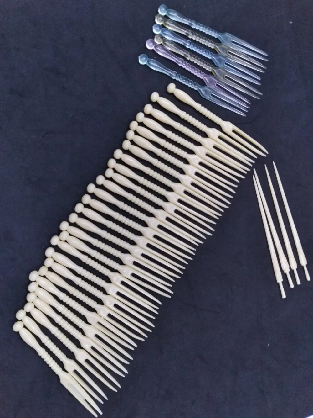 hors d'oeuvre fork tooth picks ivory tone and multicolored plastic vintage